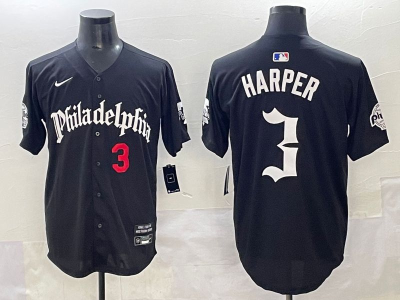 Men 2025 Philadelphia Phillies #3 Harper Black Five generations Joint Name Nike MLB Jersey style 3